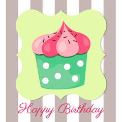 cupcake with strawberry buttercream icing on striped background