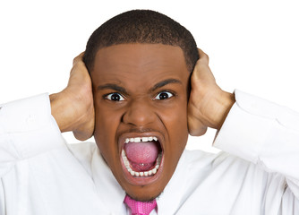 Loud noise. Man covers his ears, intolerable headache 
