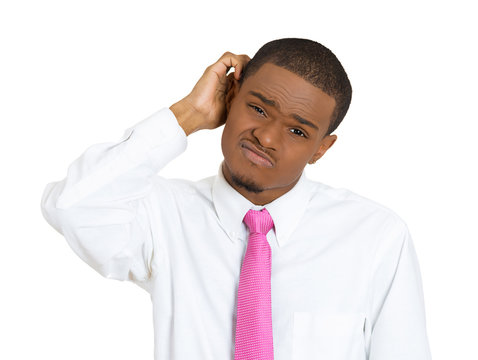 Deep thinking. Confused, clueless young man, solving problem 