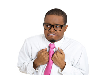 Portrait shy man anxious feels awkward isolated white background