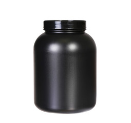 Sport Nutrition, Whey Protein or Gainer. Black Plastic Jar isola
