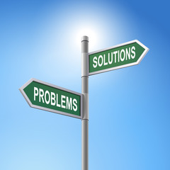 3d road sign saying problems and solutions