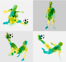 Vector soccer player kicks the ball with paint splatter design