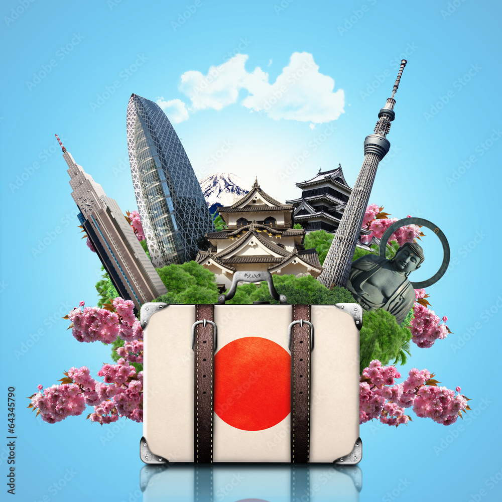 Wall mural Japan, japan landmarks, travel and retro suitcase