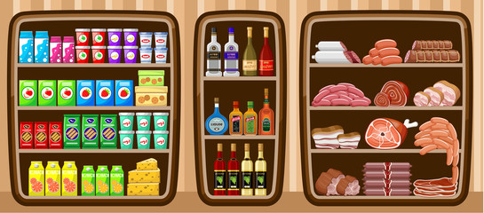Supermarket. Shelfs with food.