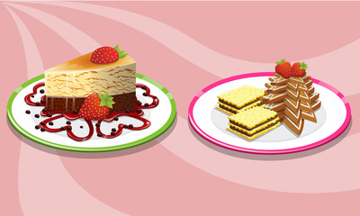Two cake and saucer on a pink background