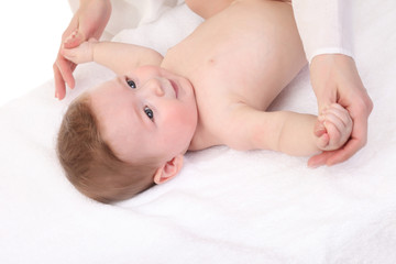 Fototapeta na wymiar Baby massage. Mother massaging kid