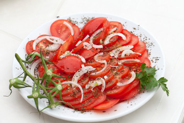 slices of tomatoes with the onion and herbs