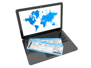Online booking concept. Laptop with air tickets