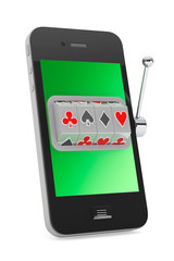 Online casino concept. Slot machine inside Mobile Phone