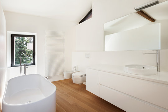 modern loft, bathroom with bathtub