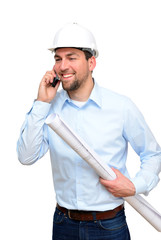 Architekt mit Bauplan und Telefon - isoliert