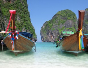 Long-tailed boats at Maya bay, Thailand