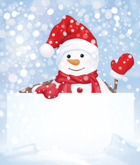 Vector snowman hiding by blank on snowfall background.