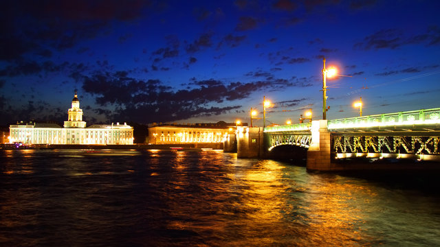 Night view of Palace Bridge. St Petersburg, Russia