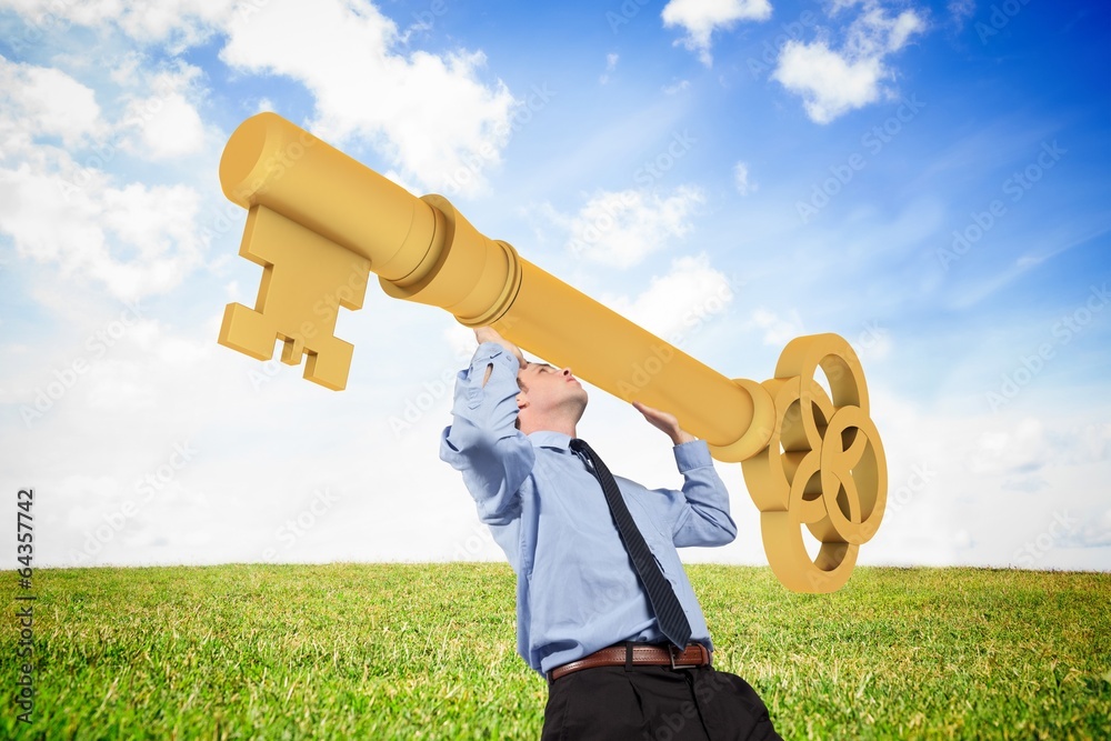 Poster composite image of businessman carrying large key