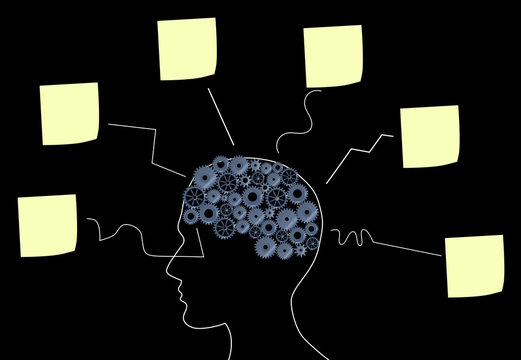 Illustration of a brain with many ideas on a stickers