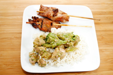Asian Meal of Chicken and Broccoli with Chicken on a Stick