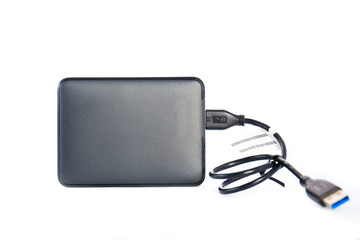 Portable external HDD hard disk drive with USB cable on white ba