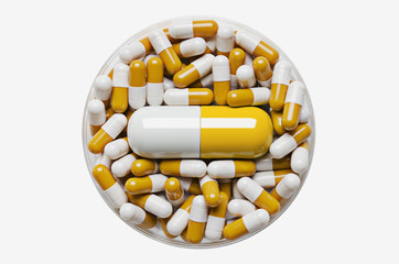 Large pill surrounded by smaller pills in a petri dish