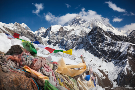 Buddhist prayer flags on top of Gokyo Ri, Everest, Nepal