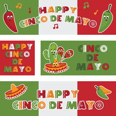 Happy cinco de mayo mexican banners vector sombrero chili cactus lettering clipart