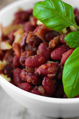 Cooked spicy red beans with tomato sauce and vegetables