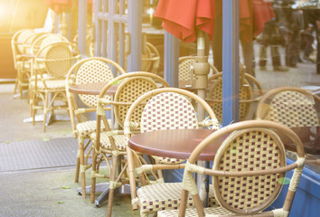 Row of Open Air Restaurant Tables in One Line Together on NYC St