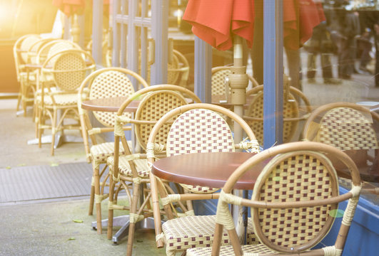 Row Of Open Air Restaurant Tables In One Line Together On NYC St