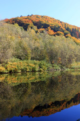 Autumn mountain mirroring in dark river