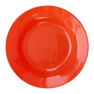 Red Empty Plate Isolated On White Background With Clipping Path