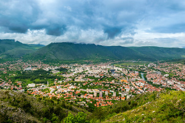 The view from high on the city of Mostar in Bosnia and Herzegovi