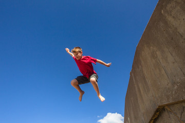 Teen Boy Jumping Park Hour Blue Sky