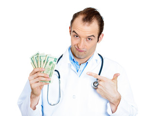 Taking your money. Greedy doctor on white background 