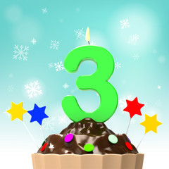 Three Candle On Cupcake Shows Toddler Birthday Party Or Celebrat