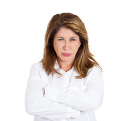 Portrait pissed off skeptical woman looking at you camera