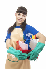 Portrait of Smiling Caucasian Cleaner Woman With Lots of Accesso