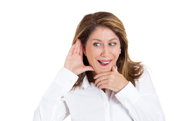 Portrait woman eavesdropping surprised face expression 