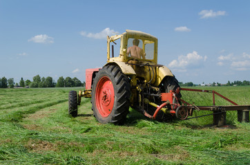 Fototapeta premium tractor cut grass makes bend in meadow