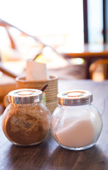 condiment in glass for food put on wooden