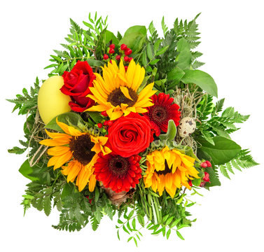 bouquet of colorful spring flowers. sunflower, roses, gerber