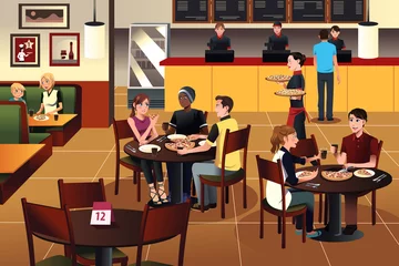 Wall murals Restaurant Young people eating pizza together in a restaurant
