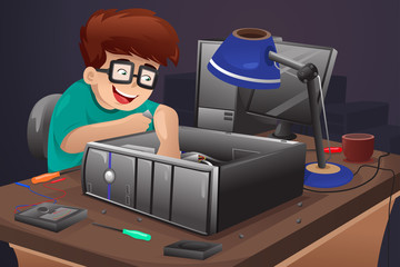 Geek repairing a computer