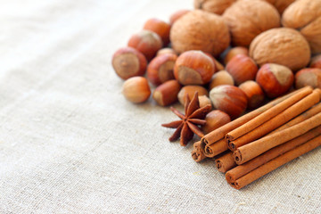 Nuts and spices on sacking background