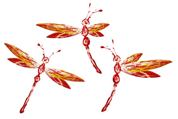 Yellow red white paint made dragonfly set