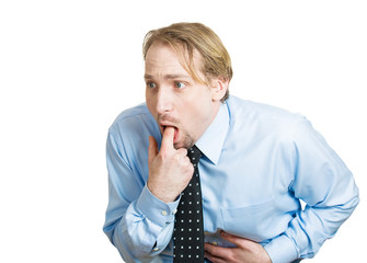 Puking. Business man about to vomit, throw up