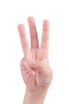 small hand simulating showing number three sign. Isolated on whi