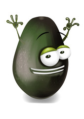 Happy avocado cartoon character, smiling and waving hands.