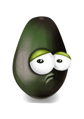 Sad black avocado cartoon, a depressed, disappointed character.
