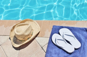 Poolside holiday scenic straw hat swimming pool